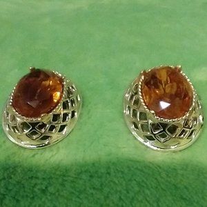 Vintage clip-on earrings topaz oval glass cabochon metal gold tone, Costume